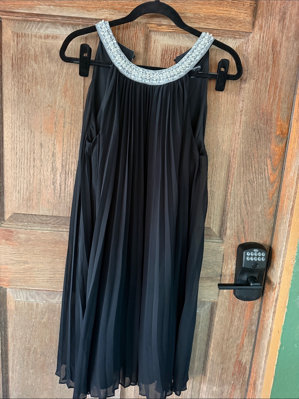 Sharagano Black Pleated Halter Dress with Silver Embellished Collar